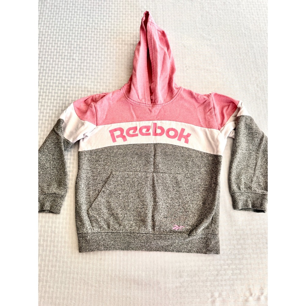 Reebok Girls Pink Grey Colorblock Hoodie Sweatshirt Size 12 Logo Fleece Pullover